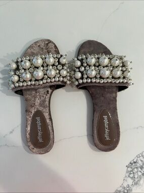 Jeffrey Campbell Taupe Velvet Slide Mules with Pearl Embellishments